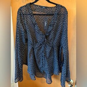 Lulu's Laelia Black Polka Dot Sheer Tie-Front Long Sleeve Top Size XL
